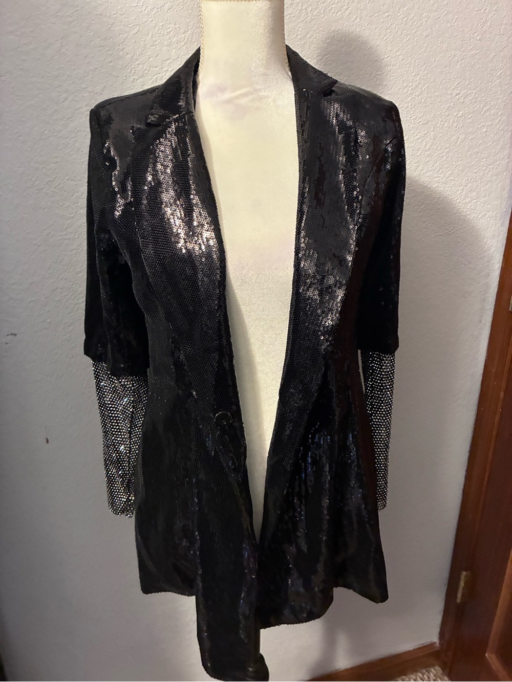 AKIRA Black Sequin Blazer with Patterned Sleeves